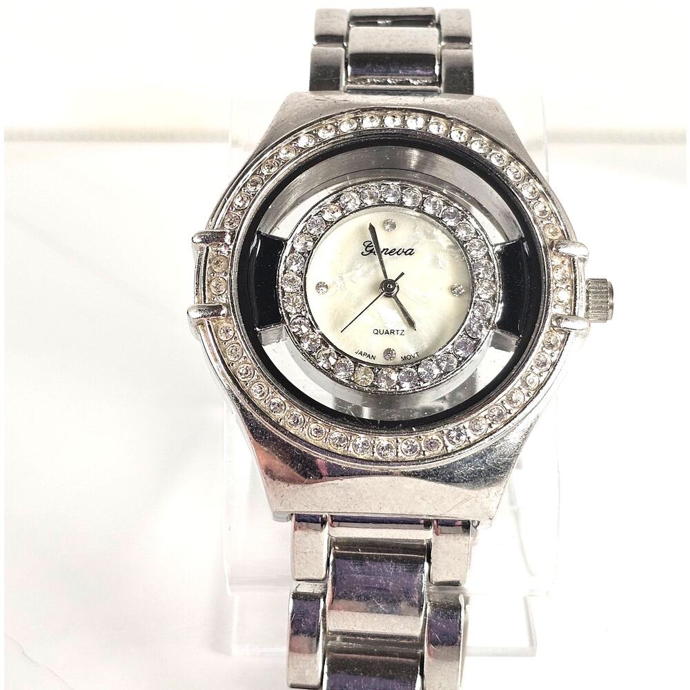 Geneva Quartz Watch Silver Tone 40mm Crystal Bezel Japan Movt New Battery